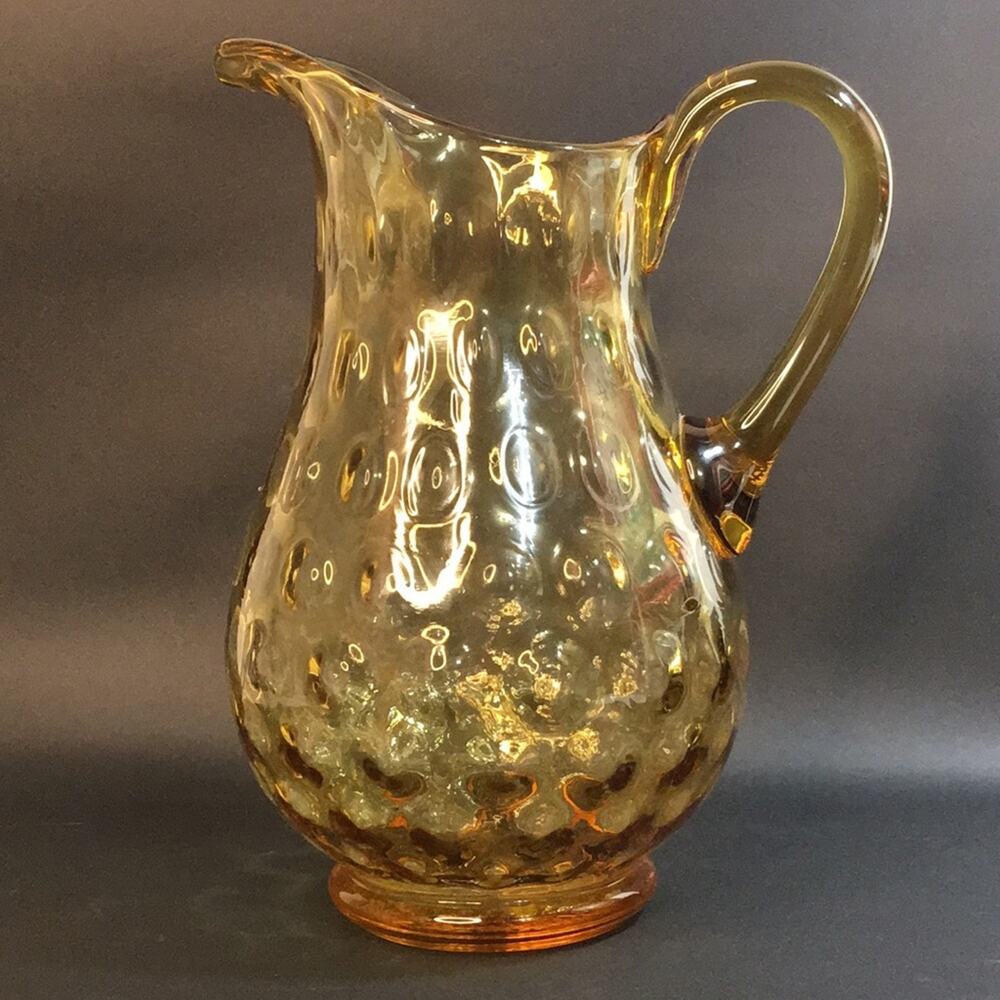 Vintage Honey Amber Hobnail Thumbprint Dot Glass Tea Juice Water Pitcher MCM
